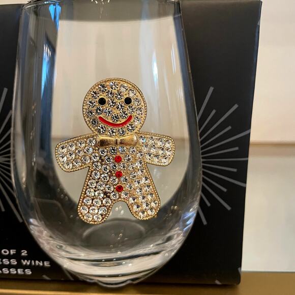 Christmas Jeweled GINGERBREAD Stemless Wine Glass Set of 2 Holiday Barware New - Picture 7 of 11